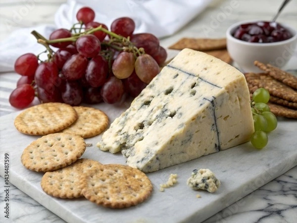 Obraz Savoring roquefort cheese wedge on marble with grapes and artisan crackers gourmet food scene elegant kitchen setting culinary delight
