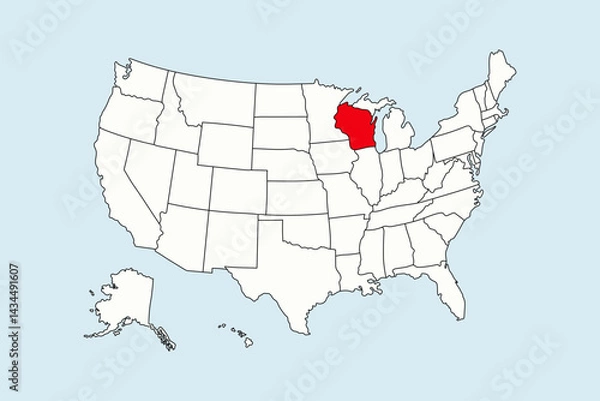 Fototapeta Wisconsin highlighted in USA map isolated on blue background
