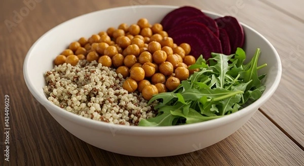 Fototapeta A delicious and colorful bowl of quinoa, chickpeas, beetroots, and arugula on a wooden table.