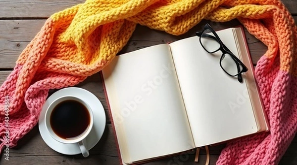 Obraz Notebook with blank pages, coffee, glasses, and colorful knit scarf