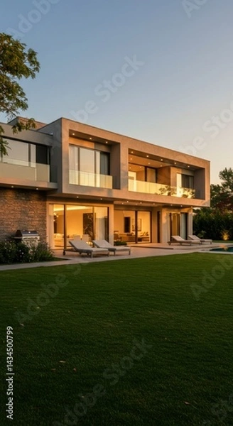 Fototapeta Modern Beige House with Pool at Sunset