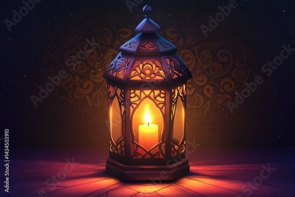 Fototapeta Ornate lantern with a lit candle inside, standing on a wooden surface against a dark, patterned background.