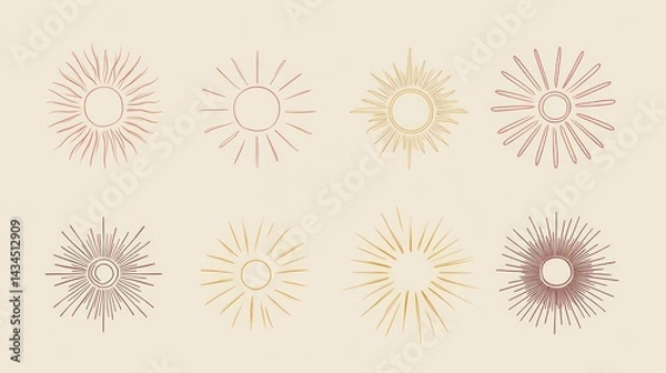 Fototapeta Eight sunburst designs, beige background, graphic design elements
