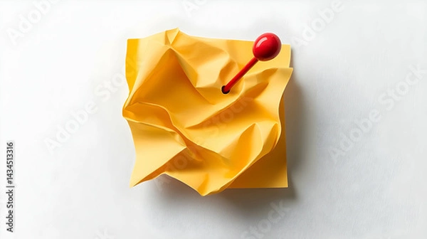 Obraz Yellow Crumpled Sticky Note with Red Pushpin on White Background