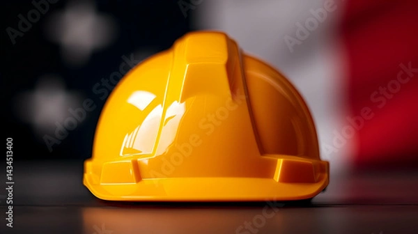 Obraz Yellow Hard Hat on Dark Surface with Blurred Flag Background