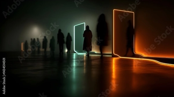Fototapeta Silhouetted People Approaching Glowing Rectangular Doorways in the Dark