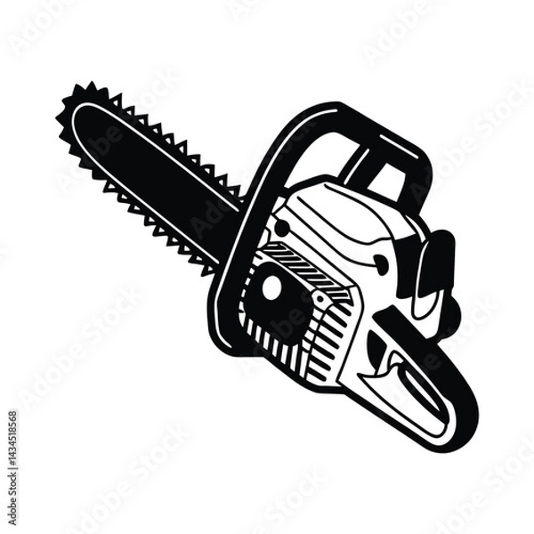 Fototapeta Black Chainsaw Silhouette with Serrated Blade and Handle, Industrial Cutting Tool Icon, Forestry and Carpentry Equipment Representation, Woodworking Symbol, Chainsaw Silhouette Isolated Vector Design.