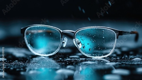 Obraz Stylish eyeglasses with water droplets.  Clear lenses reflecting light