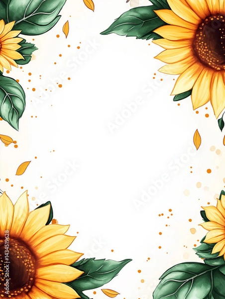 Fototapeta bright drawing of sunflowers on a milky background with a place for congratulations in the center, mockup of an invitation or congratulations, copy space
