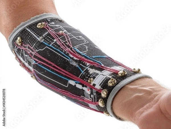 Fototapeta Futuristic arm with circuitry and wires, blending technology and anatomy.