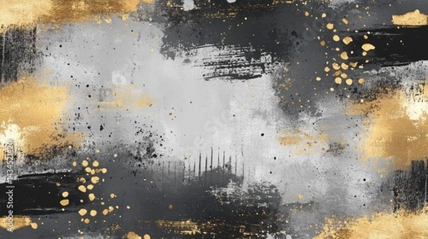 Fototapeta A grunge inspired background featuring rough textures, splattered ink, and distressed edges in black, gray, and gold tones.