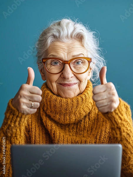 Fototapeta Portrait of an elderly woman close-up with a computer and
gesture thumb up, an elderly person using a computer