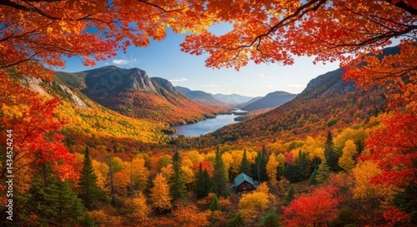 Fototapeta Autumnal Mountain Valley Landscape - Breathtaking view of a valley nestled in mountains, ablaze with vibrant autumn foliage. A cozy cabin sits nestled among the colorful trees