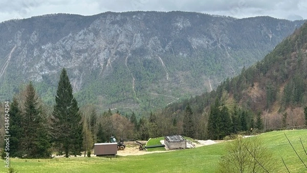 Fototapeta Alpine scene of green meadow hill and high rock packs at the background with rural cabins and elements of construction in the center
