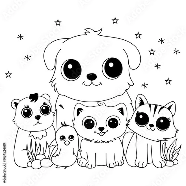 Fototapeta Coloring page for kids animals, coloring book with pets cat, puppy, duckling, doodle vector flat
