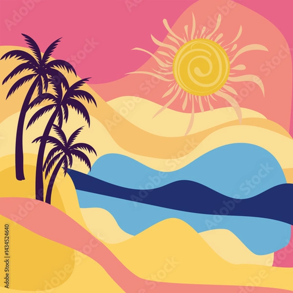 Fototapeta Groovy style illustration summer beach sunshine and palm, bright hippie style flat vector for posters