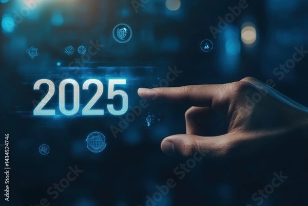 Fototapeta A hand points at the year 2025, surrounded by futuristic technology icons