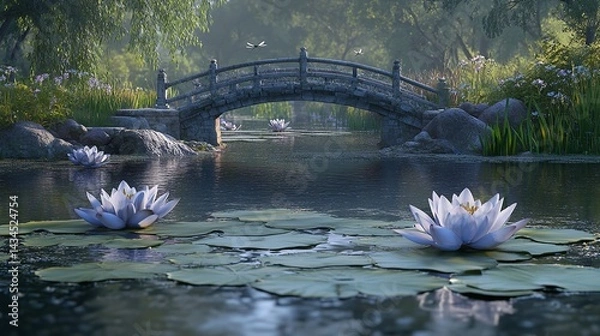 Fototapeta Serene Japanese Garden Pond Peaceful Water Lilies Stone Bridge Tranquil Nature Scene Beautiful Landscape Lush Greenery Calm Water Lily Pads Summer Day