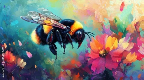 Fototapeta Wilde bumblebee hovering near a vibrant flower, celebrating insect biodiversity and life
