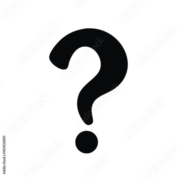 Fototapeta Bold Black Question Mark on White Background, Symbol of Inquiry, Curiosity, and Uncertainty, Thought-Provoking Minimalist Illustration, Knowledge Concept Black Question Mark silhouette.
