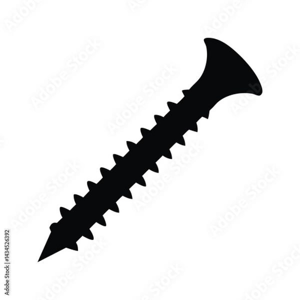 Fototapeta Black Silhouette of a Flat-Head Screw with Threaded Shank and Pointed Tip, Common Fastener for Construction, Carpentry, DIY Projects, Industrial Equipment, Precise Hardware Illustration