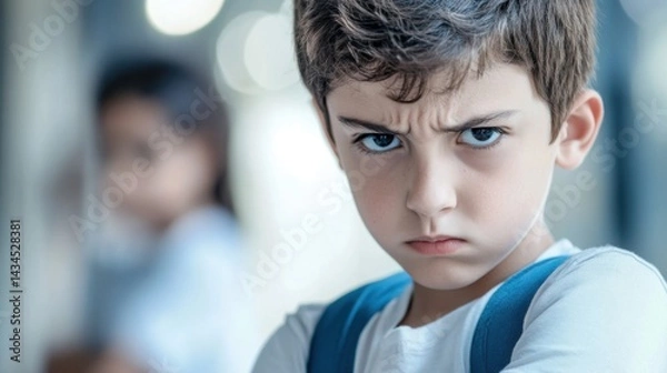 Obraz Close-up of a young boy with an angry expression staring directly at the camera, representing bullying, emotional distress, and school-related conflict