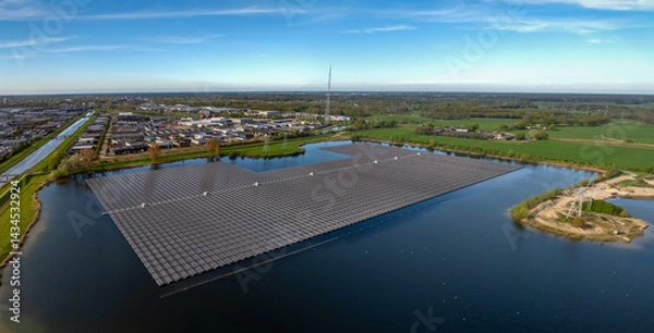 Obraz Aerial view of large-scale floating photovoltaic system installed on a reservoir adjacent to industrial facilities with power transmission pylons on a small island.