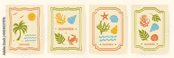 Obraz A set of hand-drawn vector posters with a summer vibe. Showcasing abstract, modern-style illustrations of palm trees, sunshine, seashells, a crab, coral reefs, and ocean waves retro, travel aesthetic