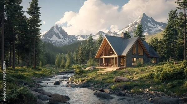Fototapeta Stunning Mountain Cabin River Landscape Peaceful A Frame Home Design Modern Architecture Cozy Rustic Retreat Nature Scenery Tranquil Vacation House   