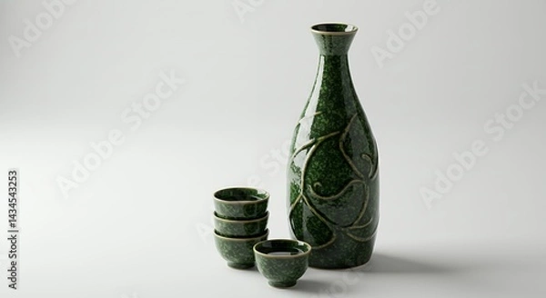 Fototapeta Elegant Dark Green Sake Set Featuring Bottle and Cups for Japanese Tradition Product Display Ads and Promotion On Clean White Background