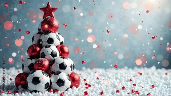 Fototapeta New Year tree made of soccer balls on a gray festive background