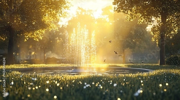 Fototapeta Serene Golden Hour Park Fountain Peaceful Birds Tranquil Nature Scene Summer Sunlight Lush Green Grass Beautiful Landscape Idyllic Setting Relaxing   