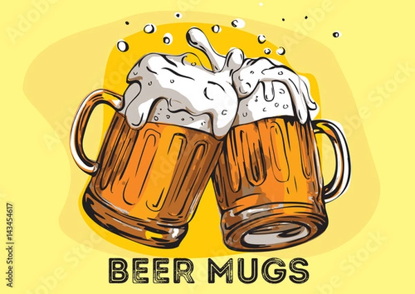 Fototapeta Vector image of two mugs of beer. Drinks with a lot of foam.