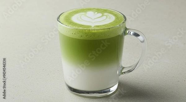 Obraz Matcha Latte with Coconut Milk in Glass Mug for Product Display Ads and Promotion with Creamy Gradient Beverage