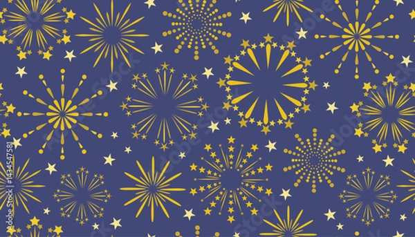 Fototapeta Seamless pattern with gold fireworks in the sky. Colorful background for Independence Day or other celebrations.