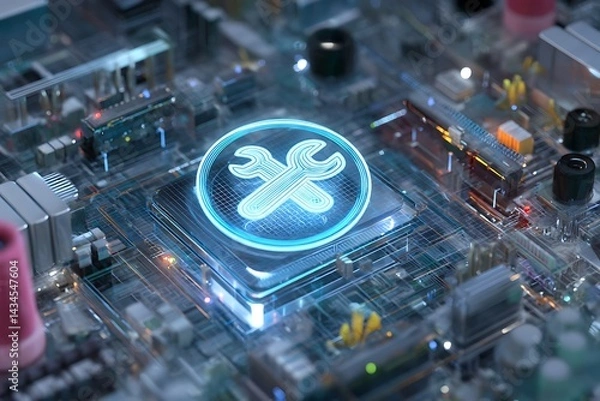 Fototapeta Repair Icon on Circuit Board Representing Technology Maintenance Services