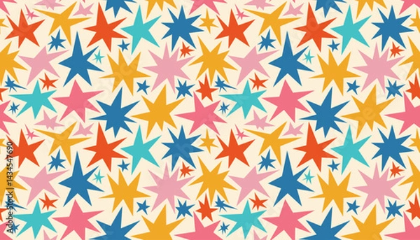 Fototapeta Mid Century style stars seamless pattern. Cute messy funky starburst infinity background.