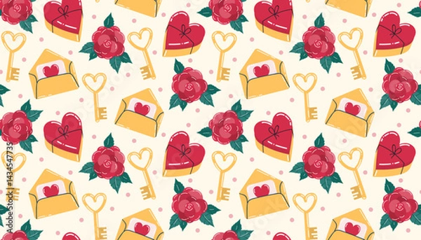 Fototapeta Cute Valentines seamless pattern with heart candy box and envelope, heart shaped key and rose flowers, dots. Happy Valentine's Day wrapping paper in flat style, love, engagement or wedding print.