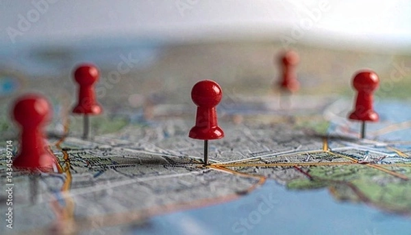 Fototapeta A detailed world map with multiple red push pins marking different locations, symbolizing travel plans, exploration, or data points
