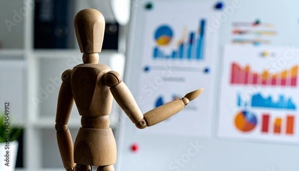 Fototapeta a wooden mannequin poses next to charts and graphs. The scene suggests a presentation or analysis of data in a business or educational setting
