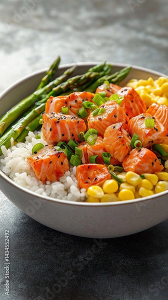 Obraz Salmon bowl with corn and asparagus vertical with copy space
