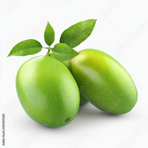 Obraz Two green mangoes with leaves on a white background (1)