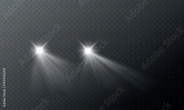 Obraz Vector instrument effect of illuminated car lights. Realistic glowing headlight illustration on transparent background. Perfect for auto UI, dashboard, and vehicle lighting templates