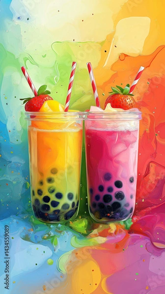 Obraz Fruit-flavored boba teas on a colorful background
