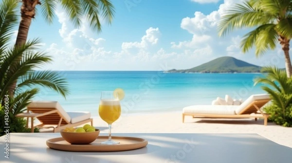 Fototapeta Refreshing drink on a tropical beach with a breathtaking view of the ocean Generative AI