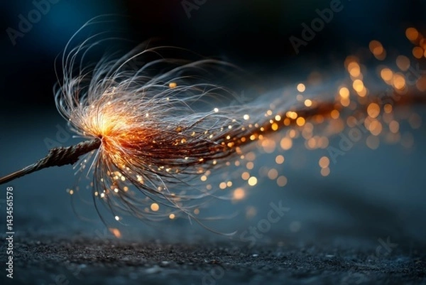 Fototapeta Burning Stick Emitting Golden Sparks on Dark Surface, Abstract Glowing Light Effect, Fireworks Celebration Theme