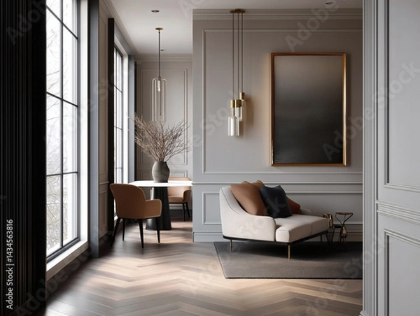 Obraz Aesthetic beautiful elegant  modern luxury interior design. Clear mock up empty wall for decoration in the apartment, painting frame. Copy space in the room.