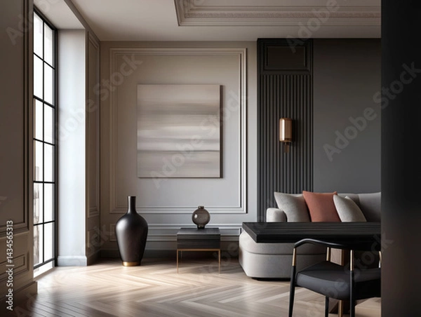 Fototapeta Aesthetic beautiful elegant  modern luxury interior design. Clear mock up empty wall for decoration in the apartment, painting frame. Copy space in the room.