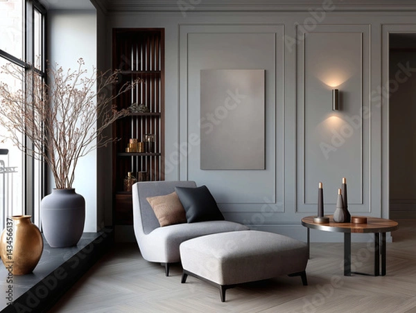 Obraz Aesthetic beautiful elegant  modern luxury interior design. Clear mock up empty wall for decoration in the apartment, painting frame. Copy space in the room.