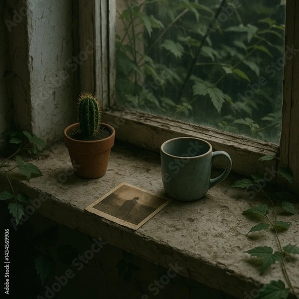 Obraz Sunlight gently illuminates a cozy windowsill adorned with a small cactus in a pot, a ceramic mug, and a vintage photograph. Greenery outside adds tranquility